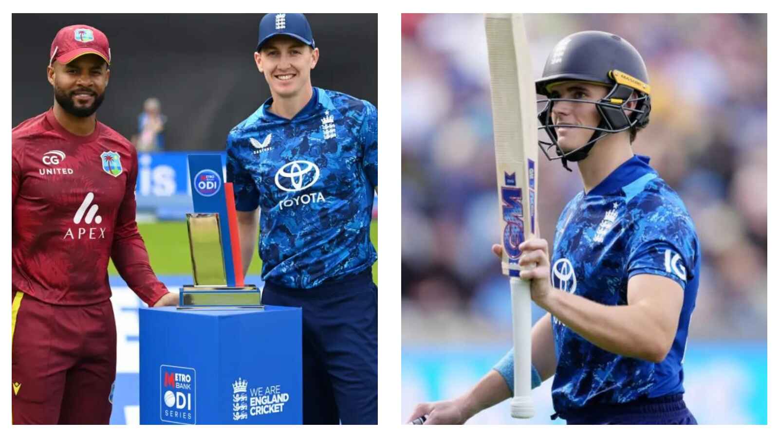 England captain Harry Brook with West Indies captain Shai Hope & Jacob Bethell