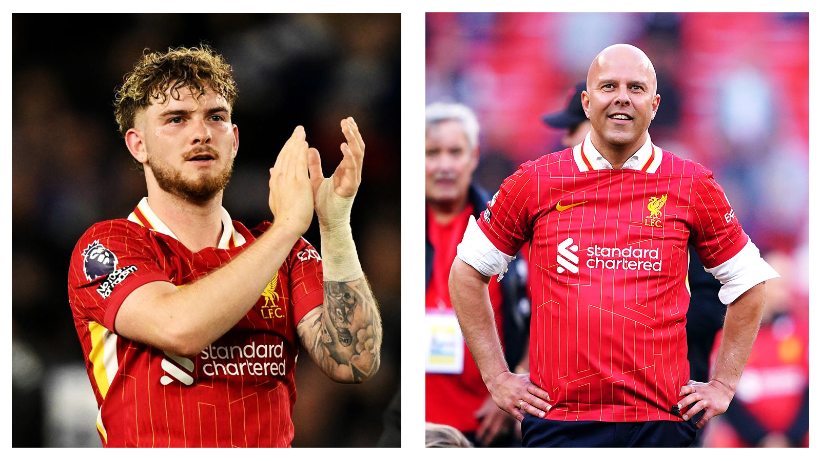 Liverpool midfielder Harvey Elliott and Liverpool manager Arne Slot