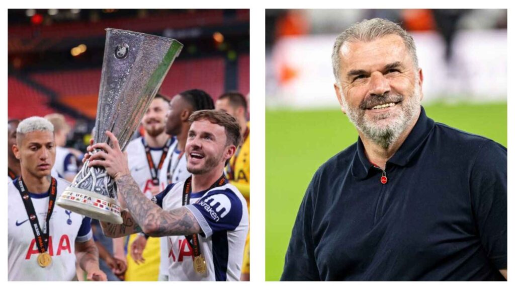 James Maddison with Europa League trophy & Ange Postecoglou, Tottenham manager