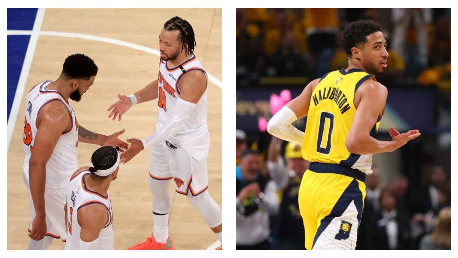 Karl-Anthony Towns with Jalen Brunson, New York Knicks & Tyrese Haliburton, Indiana Pacers