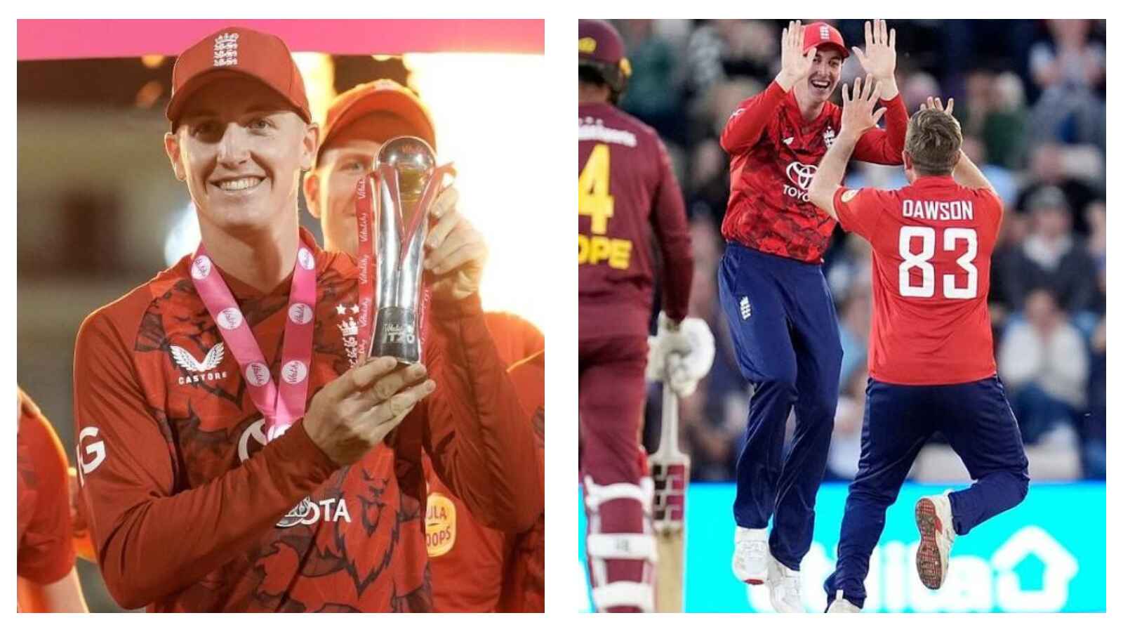 England captain Harry Brook holds the trophy and celebrates with Liam Dawson