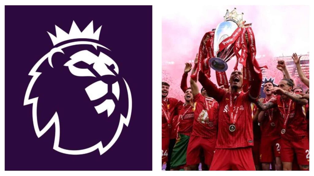 English Premier League logo & Liverpool captain Virgil van Dijk lifting the trophy