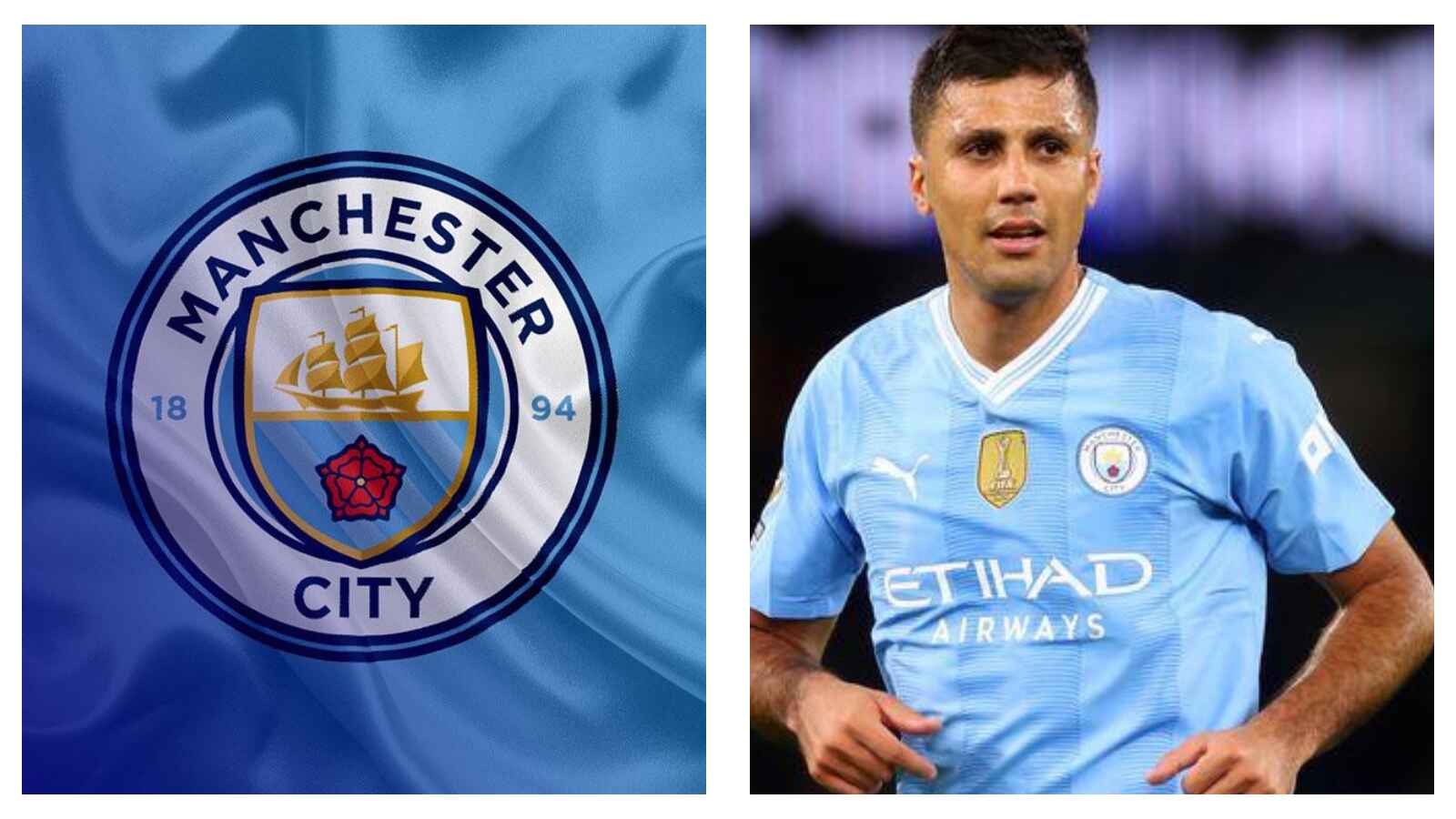 Man City badge and Rodri
