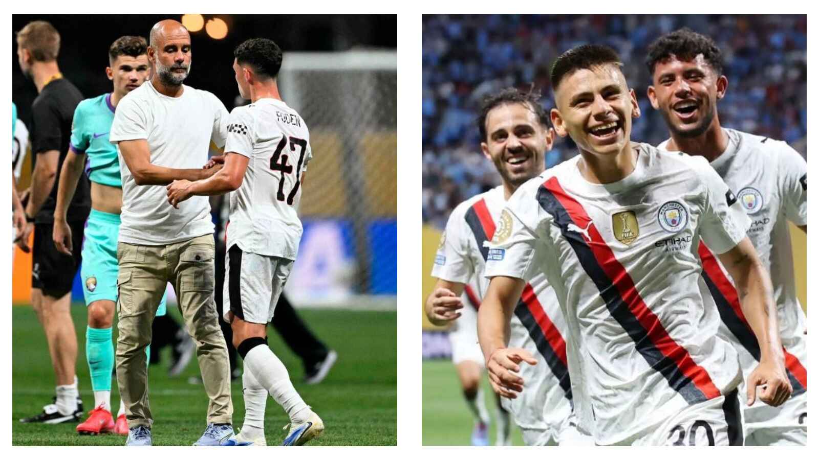 Manchester City manager Pep Guardiola with Phil Foden & Claudio Echeverri