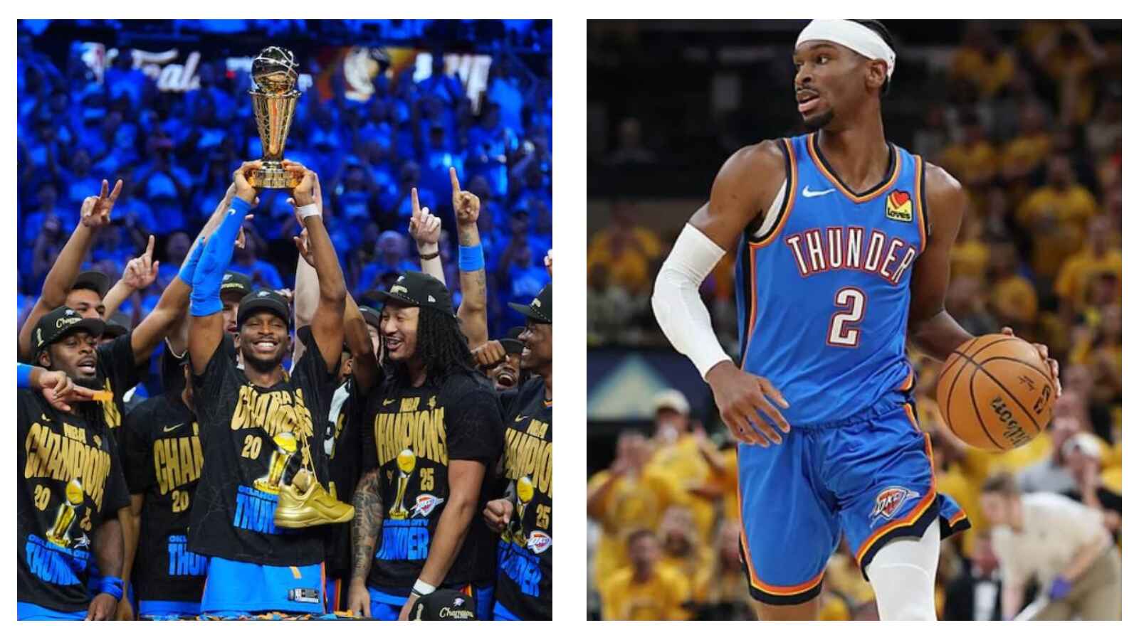 Oklahoma City Thunder lift the NBA trophy & Shai Gilgeous-Alexander