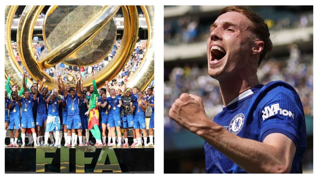 Chelsea raise Club World Cup trophy & Cole Palmer celebrates scoring a goal
