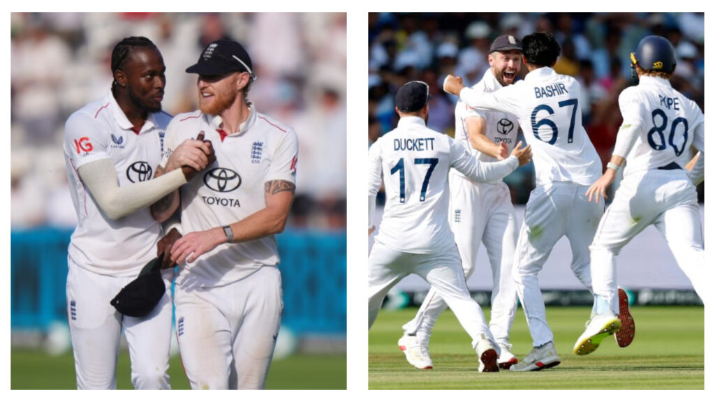 Jofra Archer with Ben Stokes & England players celebrating