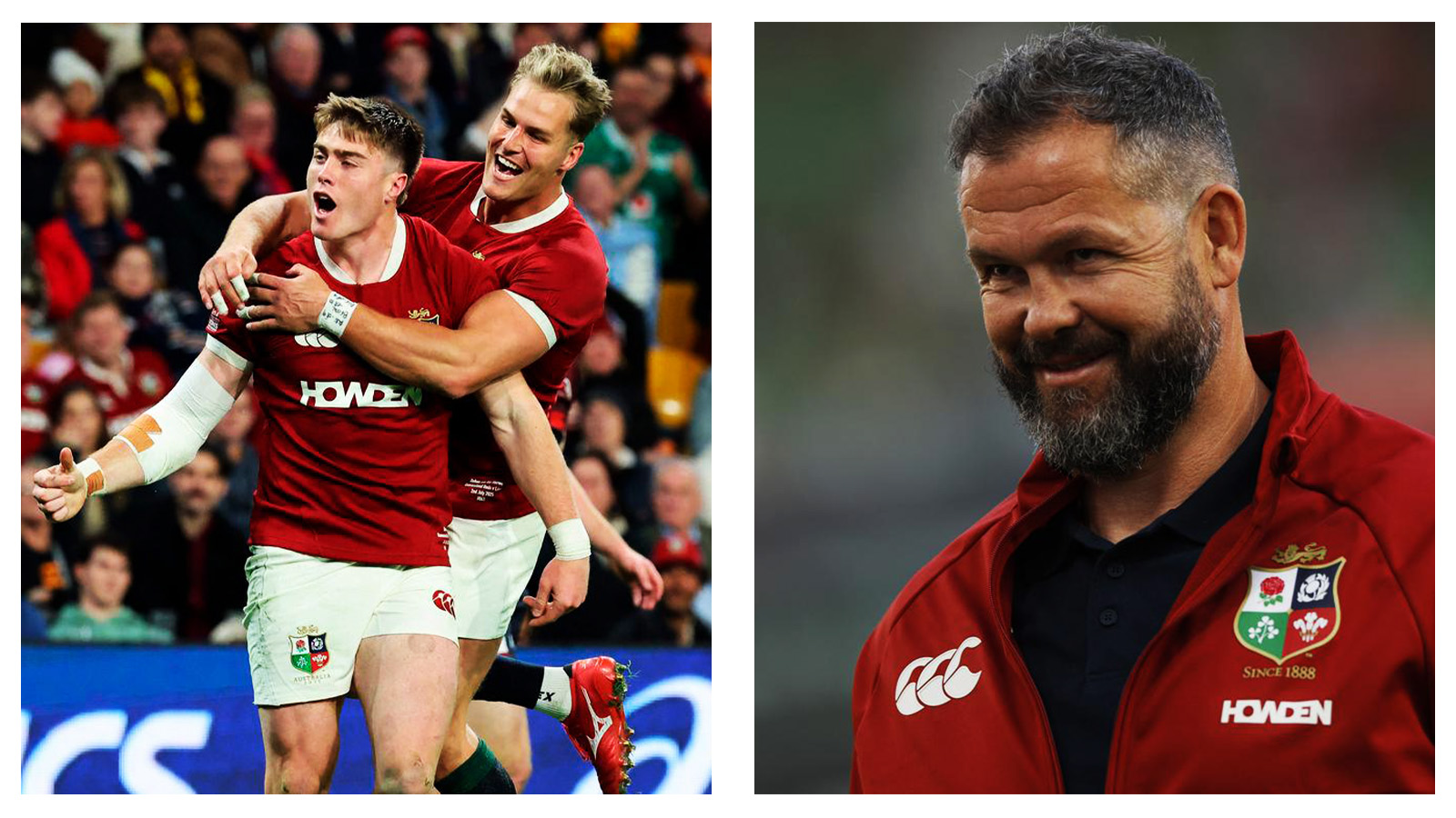 Lions players Tommy Freeman and Duhan van der Merwe with head coach Andy Farrell