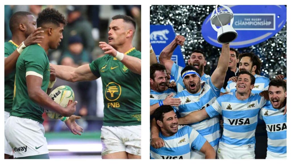 Canan Moodie and Jesse Kriel embrace & Argentine players celebrate