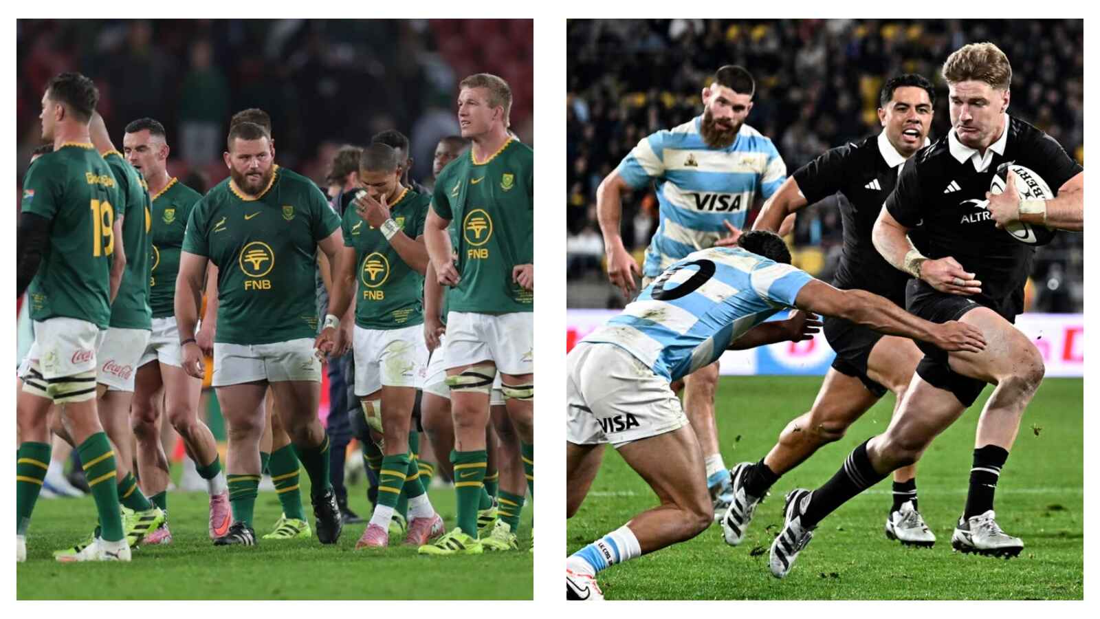 Dejected Springboks team & Tomas Albornoz tackles Jordie Barrett