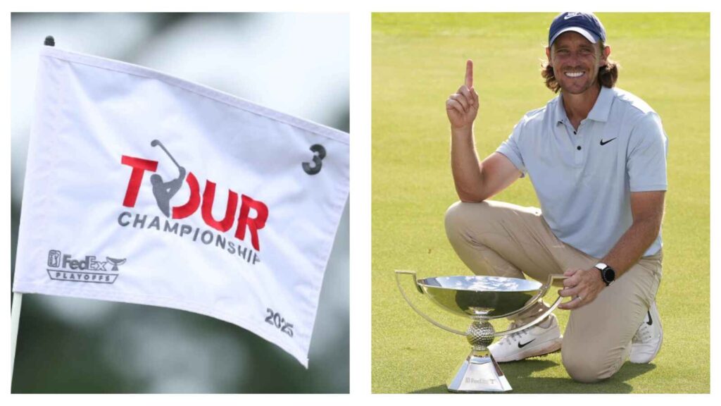 Tour Championship flag & Tommy Fleetwood with the trophy