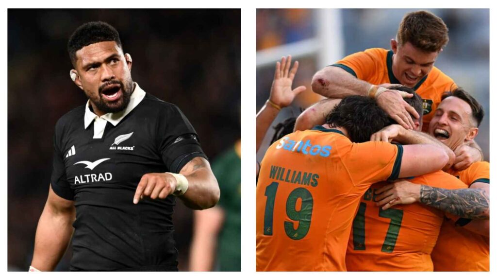 All Blacks' Ardie Savea & Wallabies players celebrating a try