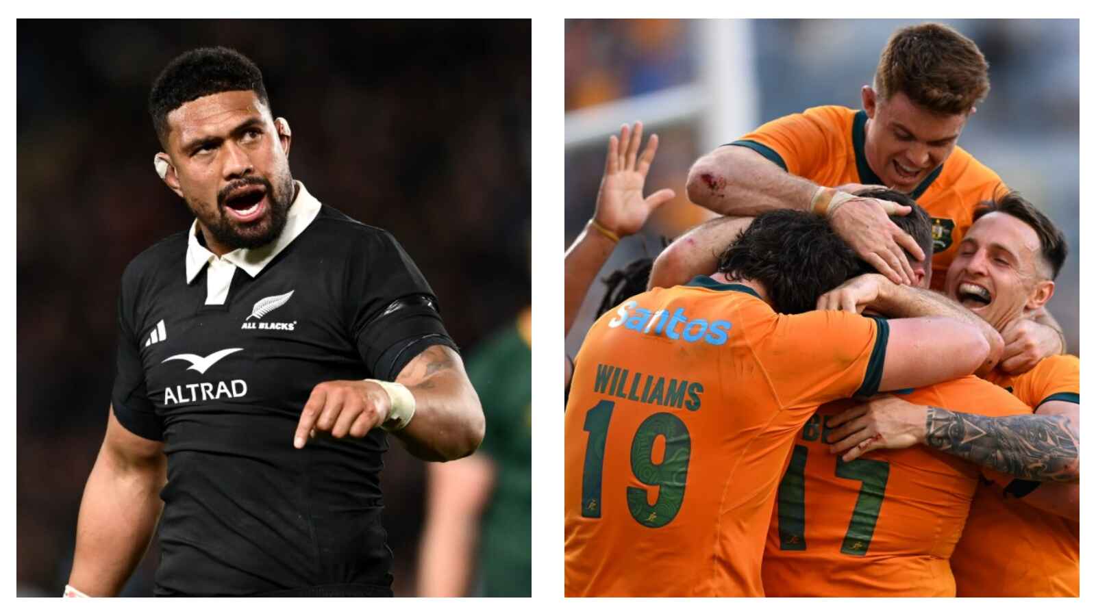 All Blacks' Ardie Savea & Wallabies players celebrating a try