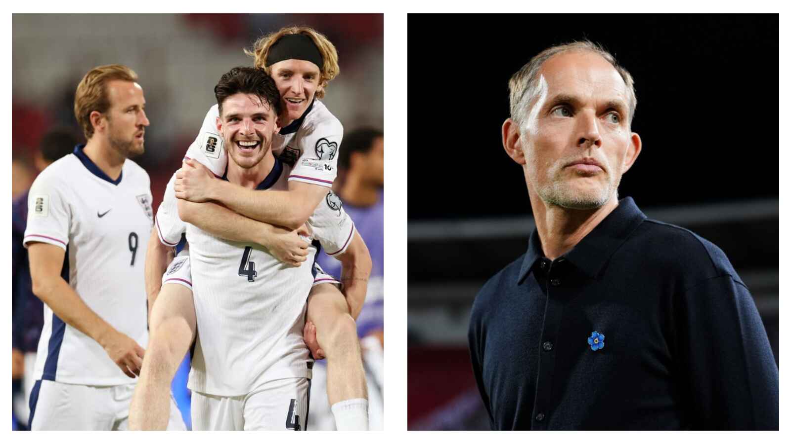 England players Harry Kane, Declan Rice and Anthony Gordon & Three Lions manager Thomas Tuchel