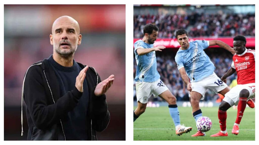 Manchester City manager Pep Guardiola & City players Bernardo Silva and Rodri with Arsenal's Bukayo Saka