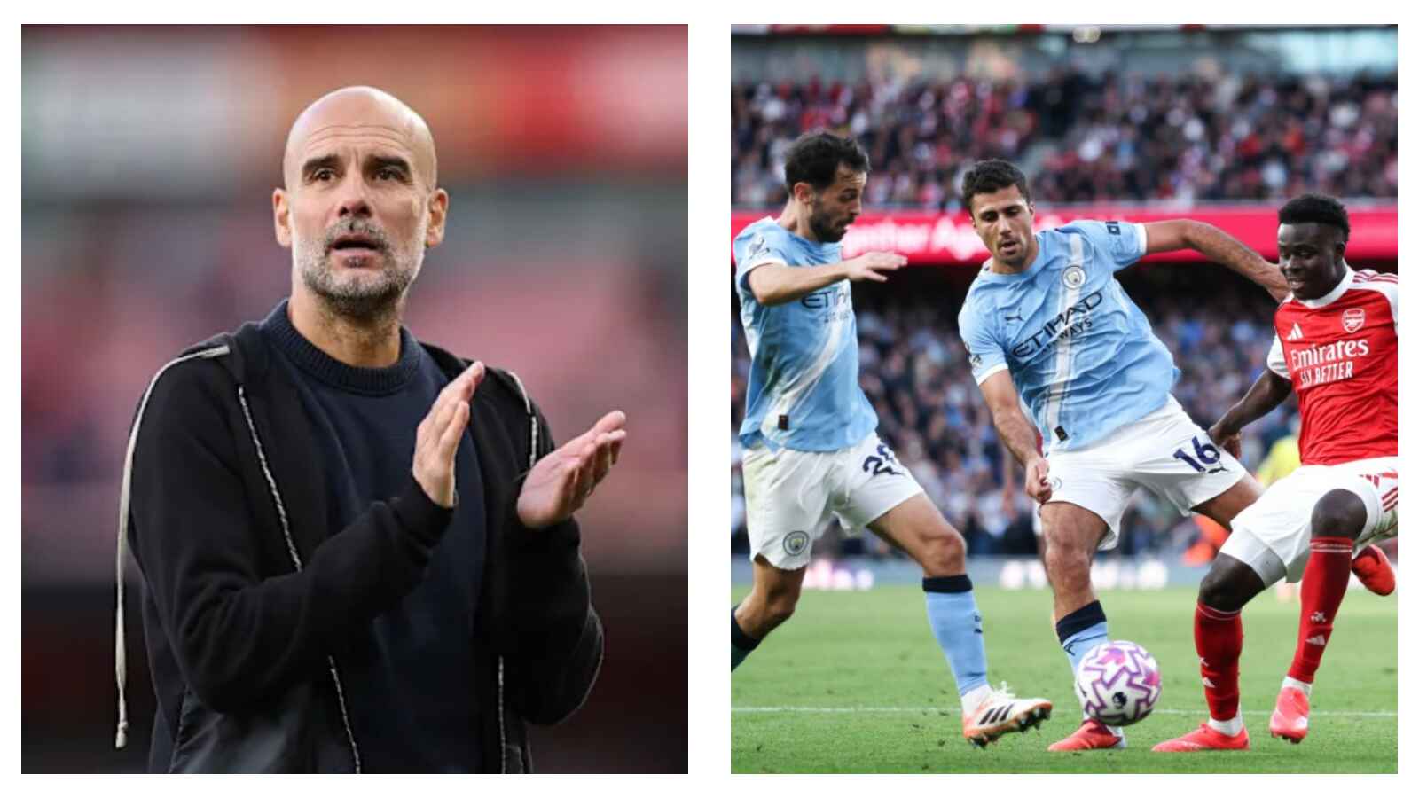 Manchester City manager Pep Guardiola & City players Bernardo Silva and Rodri with Arsenal's Bukayo Saka
