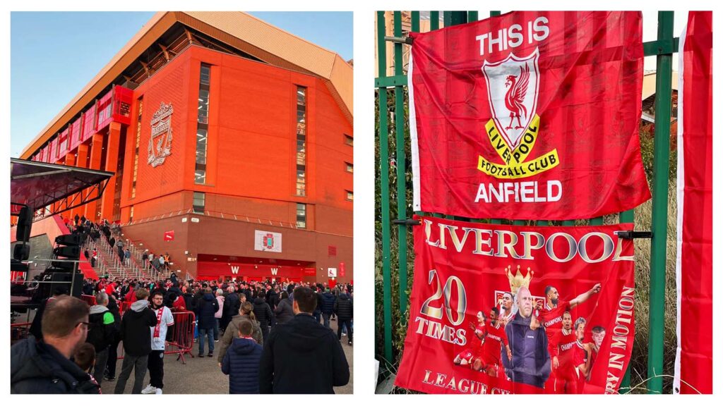 Scenes outside Anfield and Liverpool supporter flags