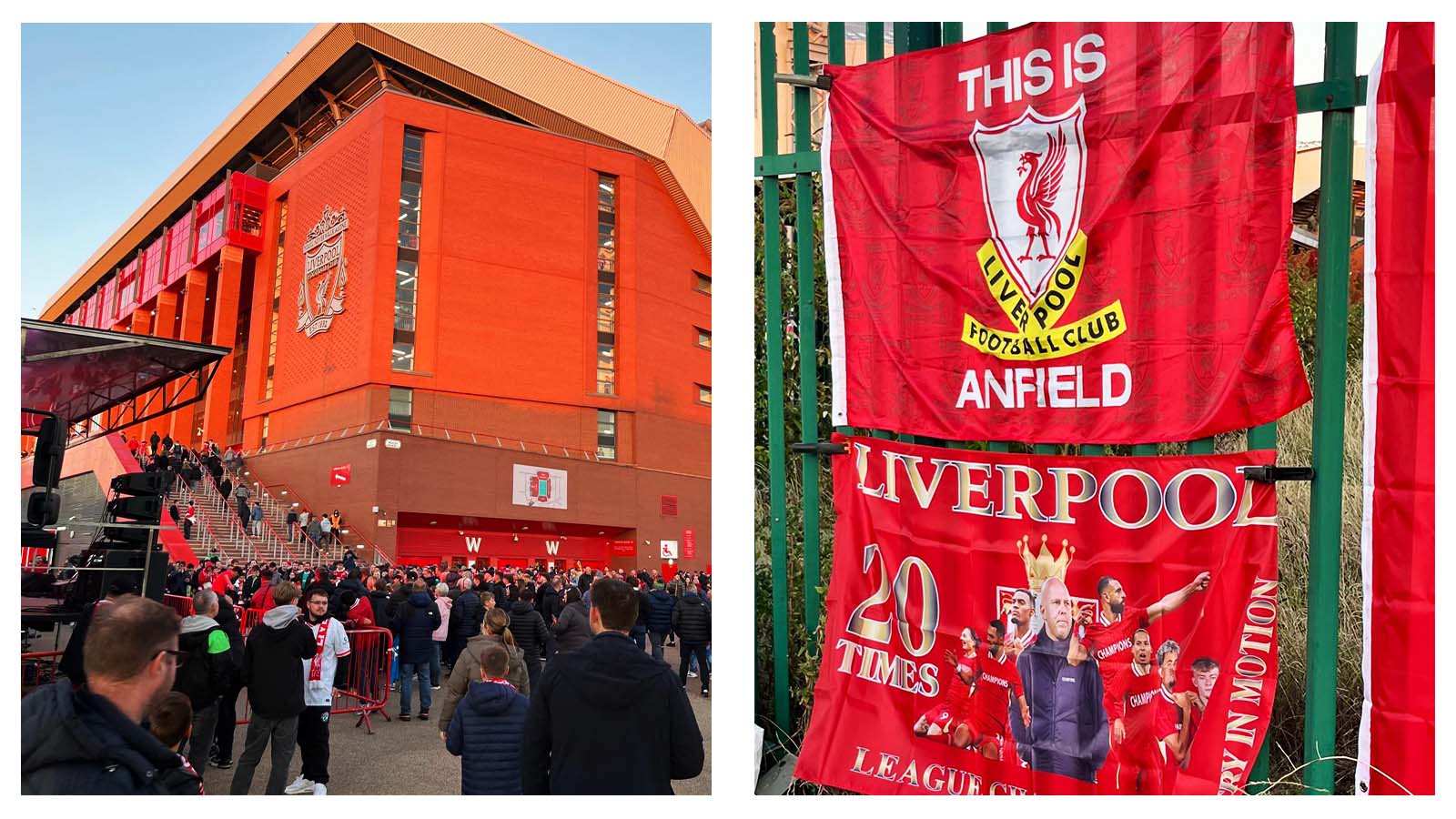 Scenes outside Anfield and Liverpool supporter flags