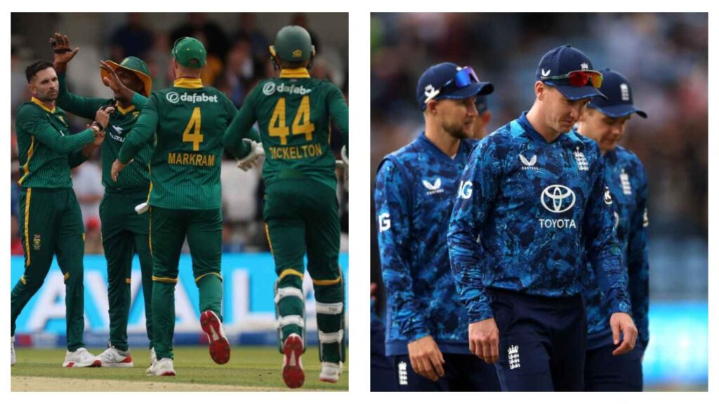 South Africa's Keshav Maharaj with Aidan Markram & England captain Harry Brook