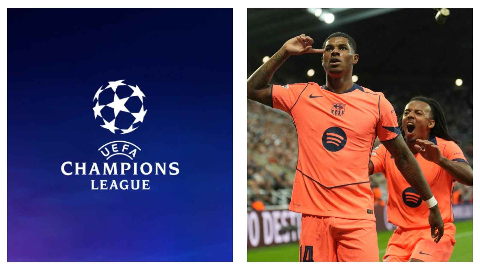 UEFA Champions League logo & Barcelona's Marcus Rashford