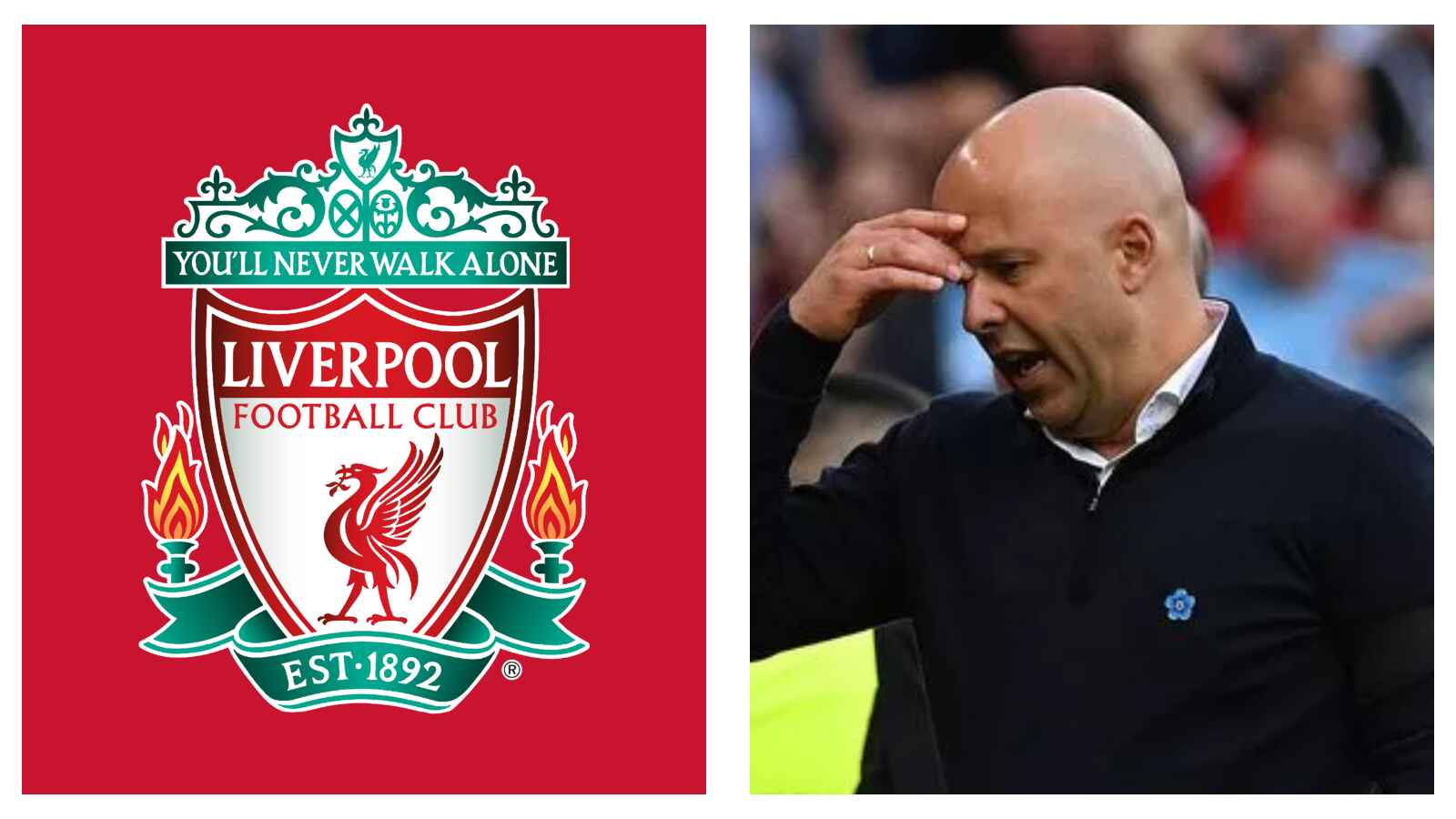 Liverpool badge and Arne Slot