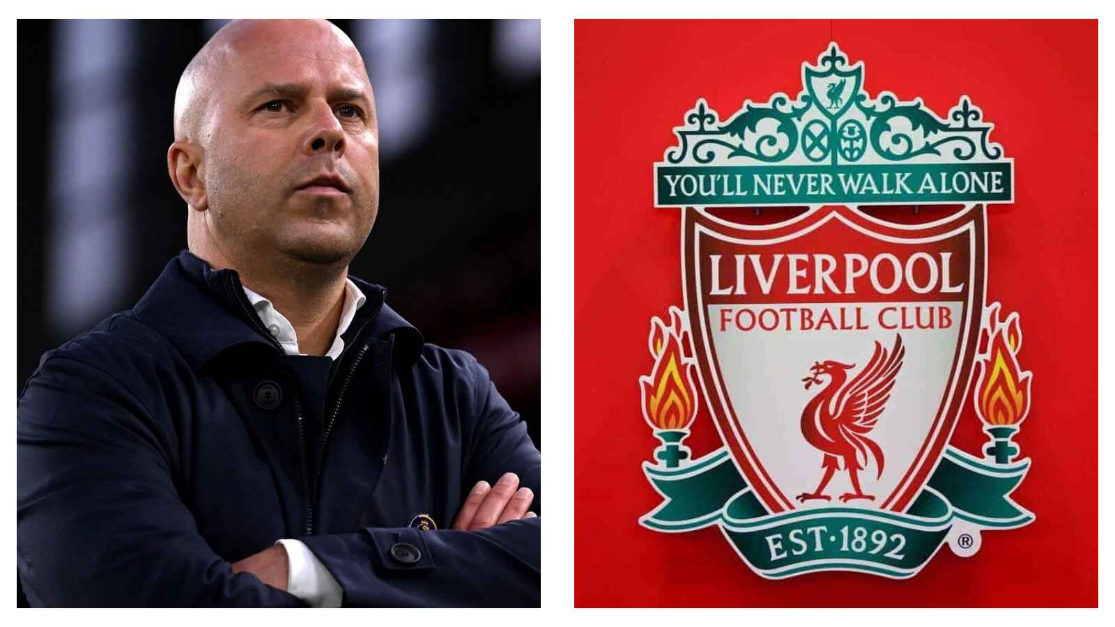 Arne Slot and Liverpool badge
