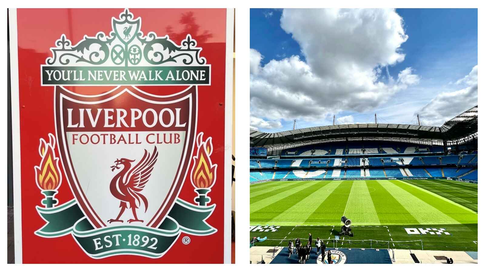 Liverpool FC badge and Etihad Stadium