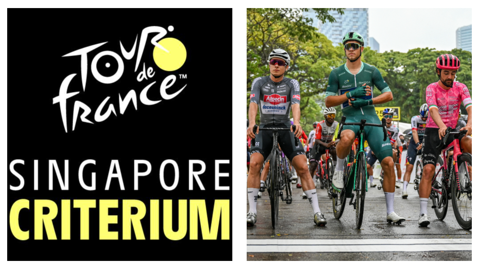 TdF Singapore Criterium logo & Jonathan Milan with Jasper Philipsen and Ben Healy