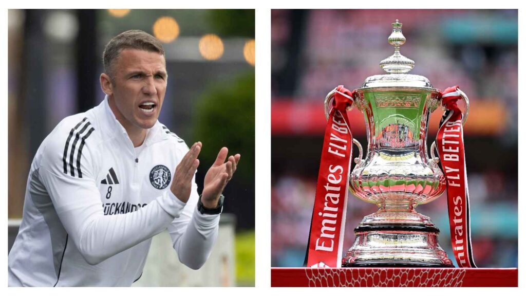 Macclesfield manager John Rooney FA Cup trophy