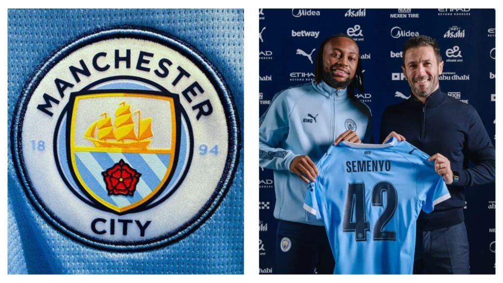 Manchester City crest & Antoine Semenyo