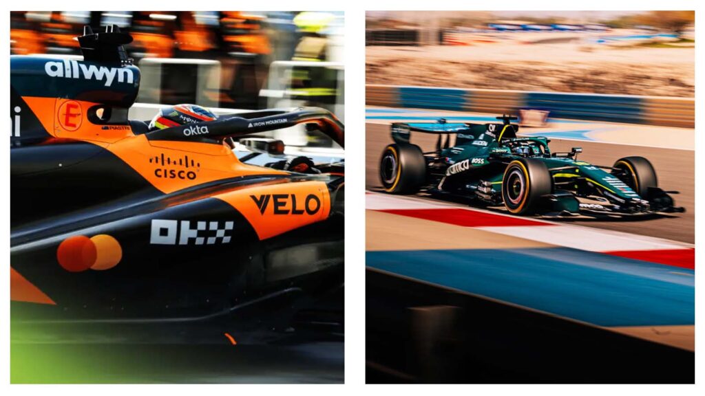 Oscar Piastri's McLaren MCL40 and Aston Martin at pre-season testing in Bahrain