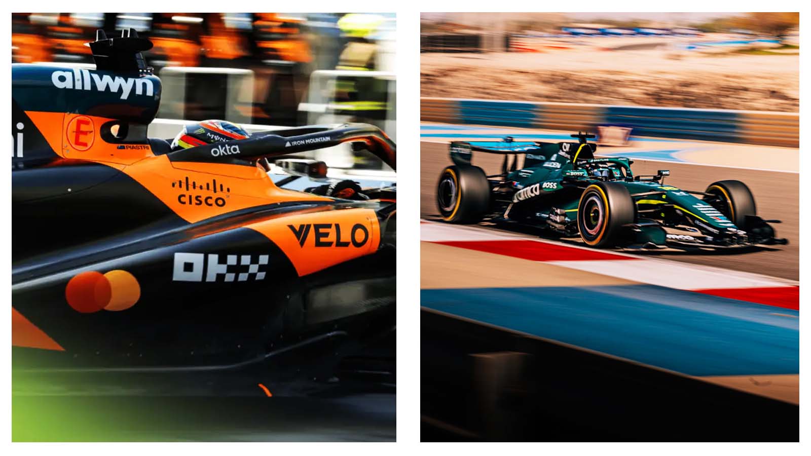 Oscar Piastri's McLaren MCL40 and Aston Martin at pre-season testing in Bahrain