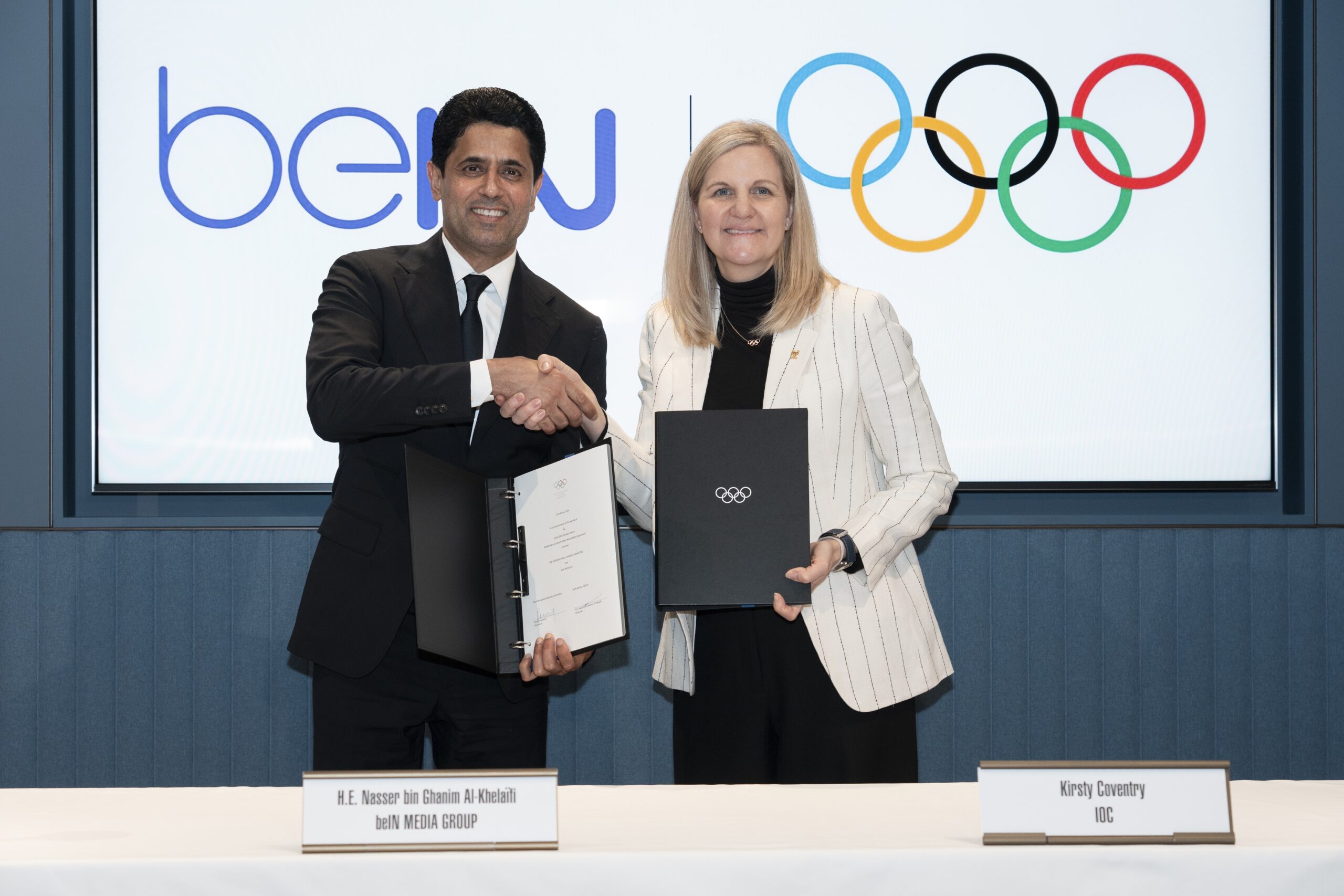 beIN Media Group chairman Nasser Al-Khelaifi and IOC president Kirsty Coventry