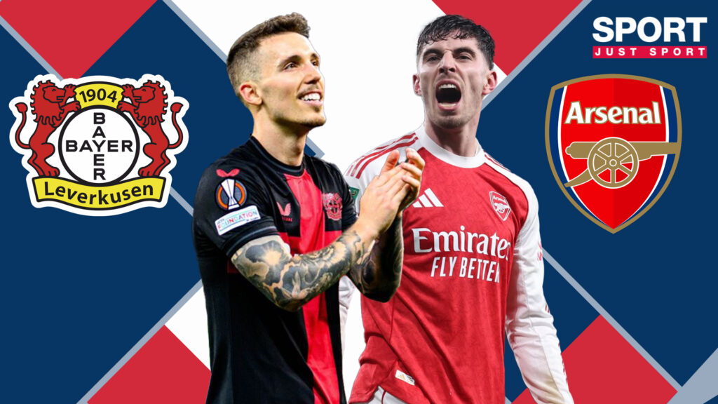 Bayer Leverkusen's Alex Grimaldo and Arsenal's Kai Havertz