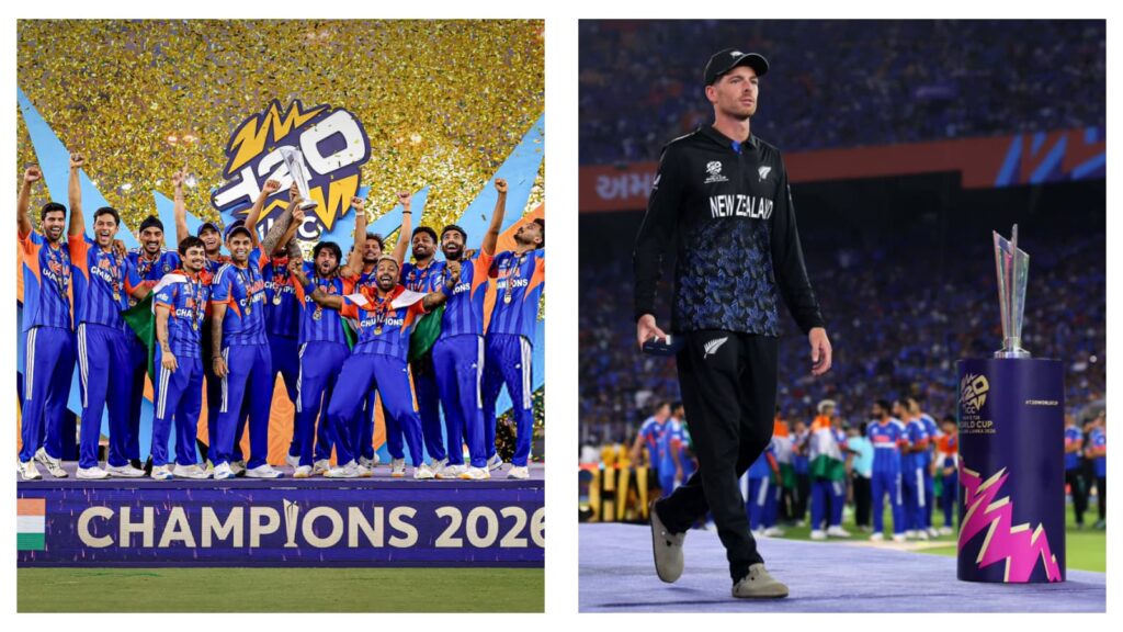 India's Suryakumar Yadav lifting the trophy & New Zealand's Mitchell Santner