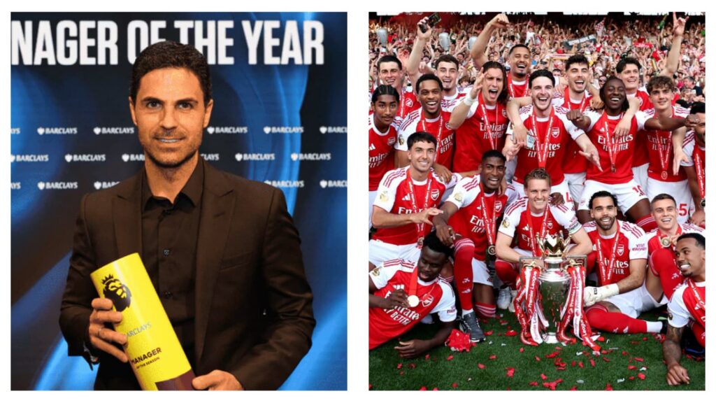 Arsenal manager Mikel Arteta & Premier League trophy