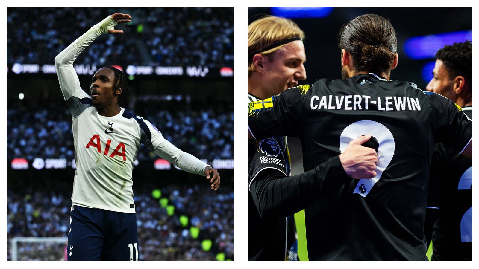 Mathys Tel and Dominic Calvert-Lewin in Spurs v Leeds