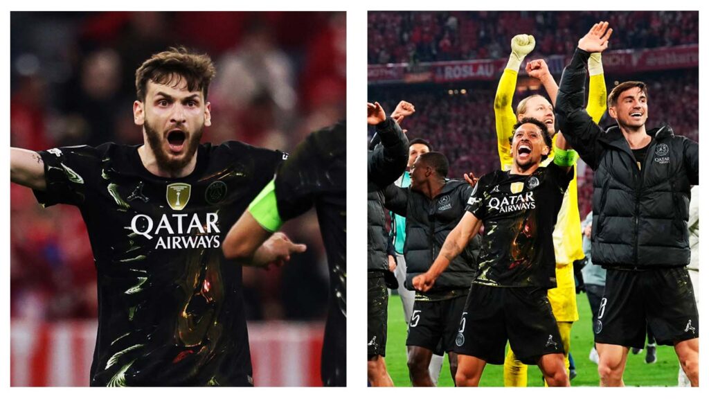 PSG players celebrating semi-final win v Bayern Munich