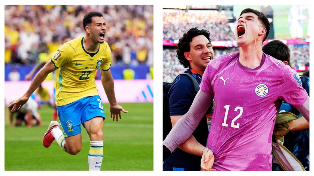 Gabriel Martinelli and Orlando Gill celebrating for Brazil and Paraguay
