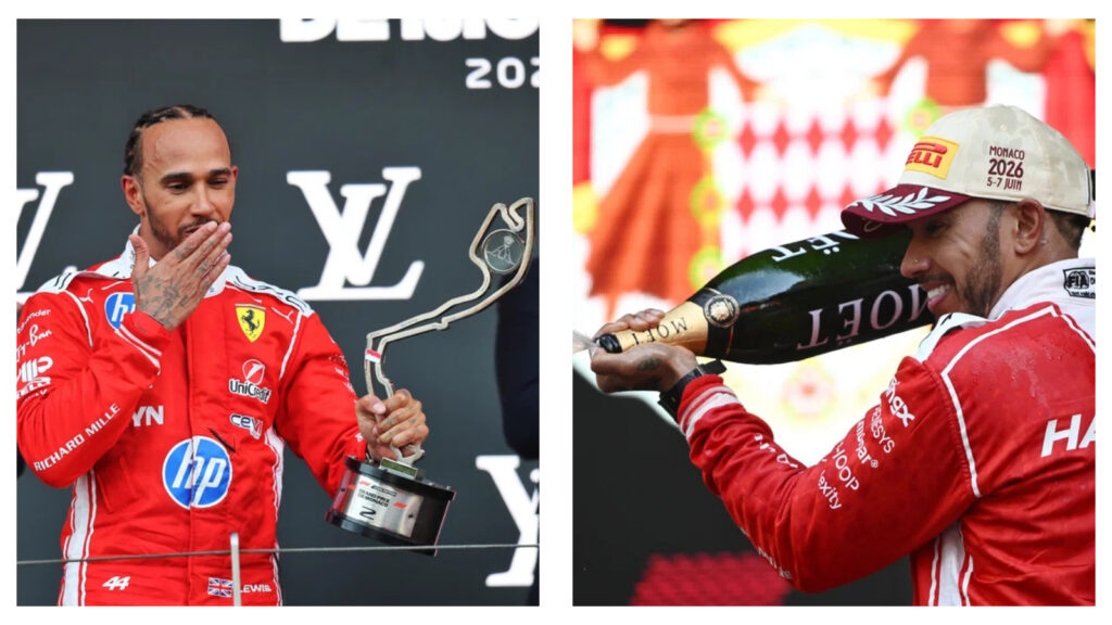 Lewis Hamilton (P2) on the podium after the 2026 Monaco GP