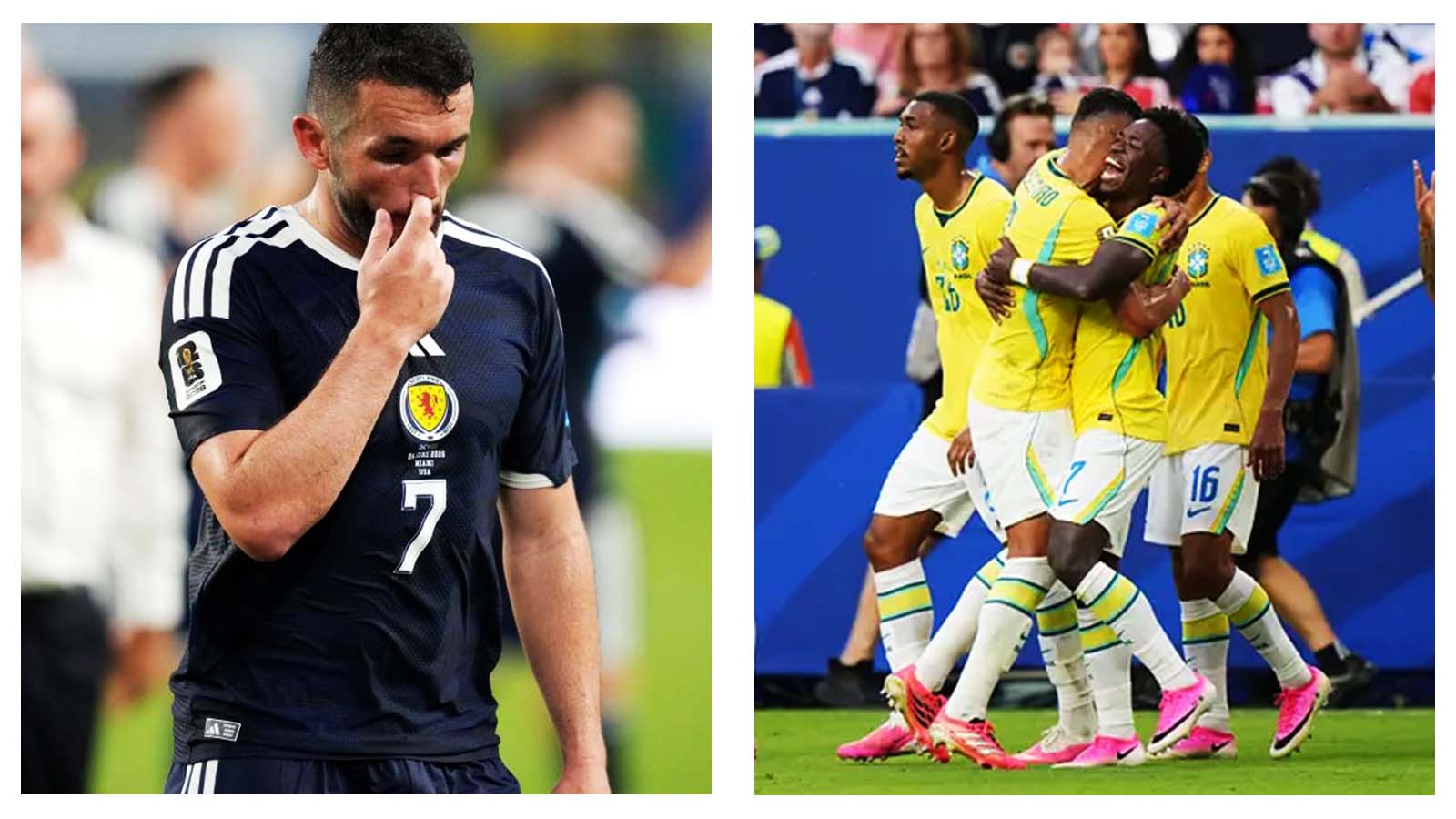 Scotland midfielder John McGinn and Brazil players celebrating