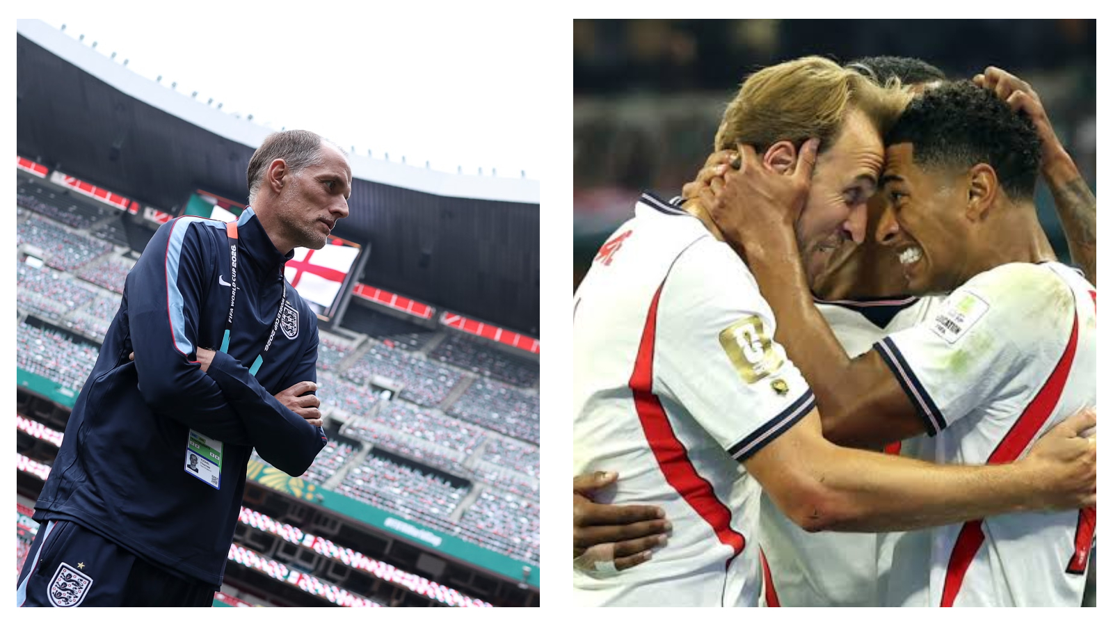 Thomas Tuchel, Harry Kane and Jude Bellingham of England