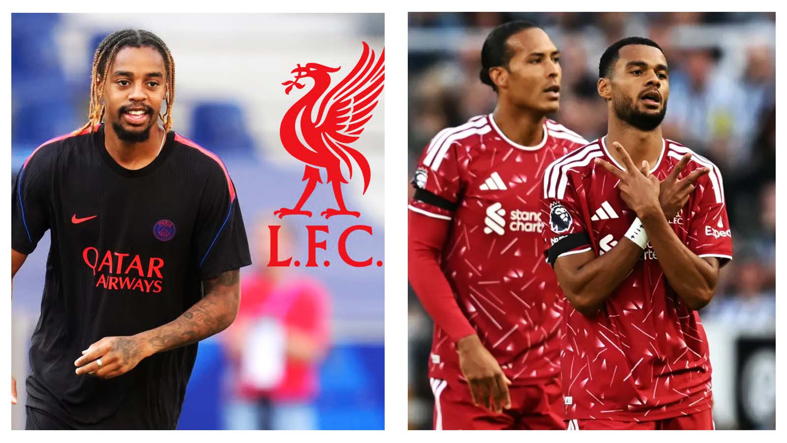 Bradley Barcola, Liverpool badge and Cody Gakpo