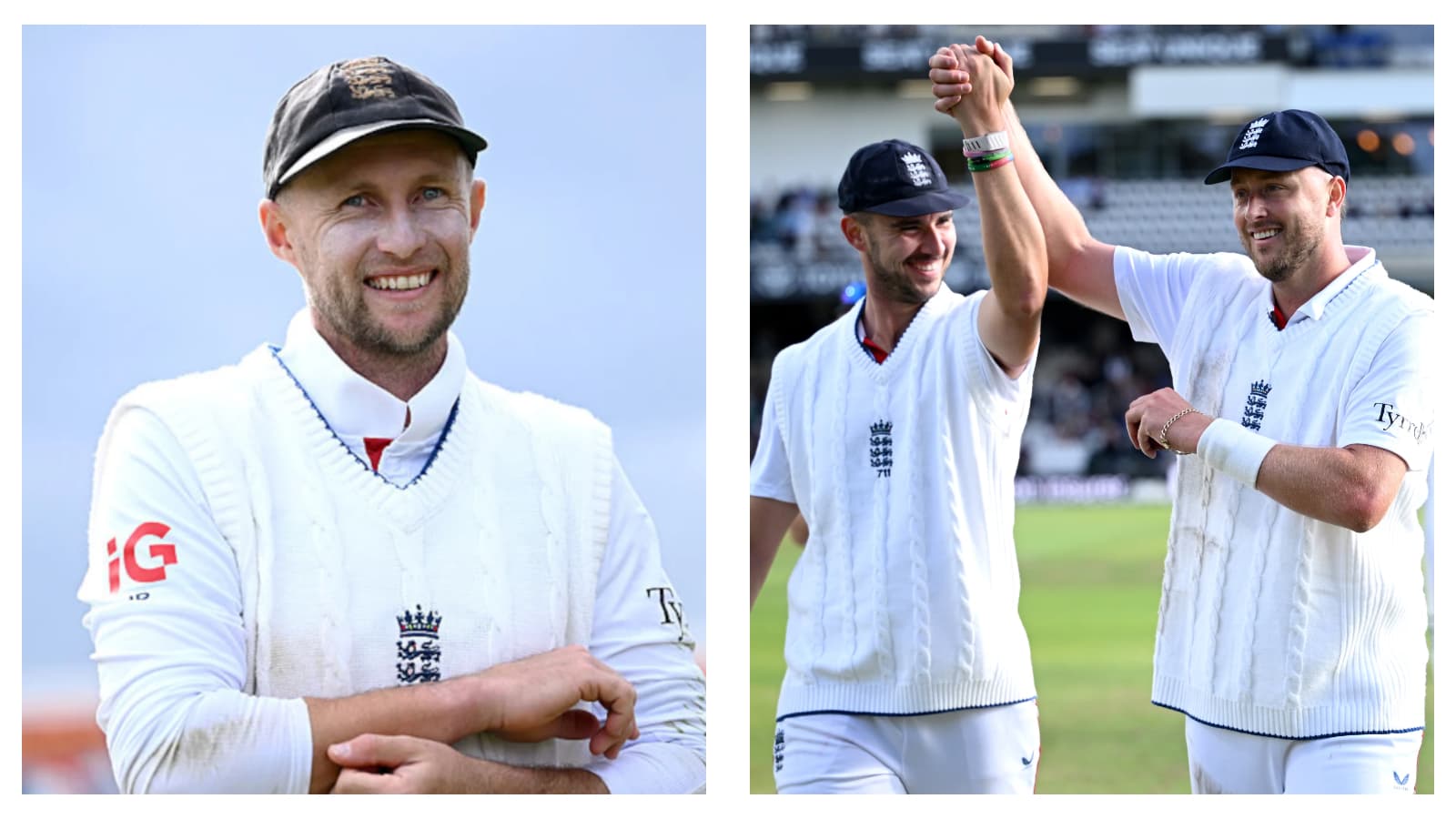 Joe Root, Josh Tongue and Ollie Robinson celebrate England's win over Pakistan