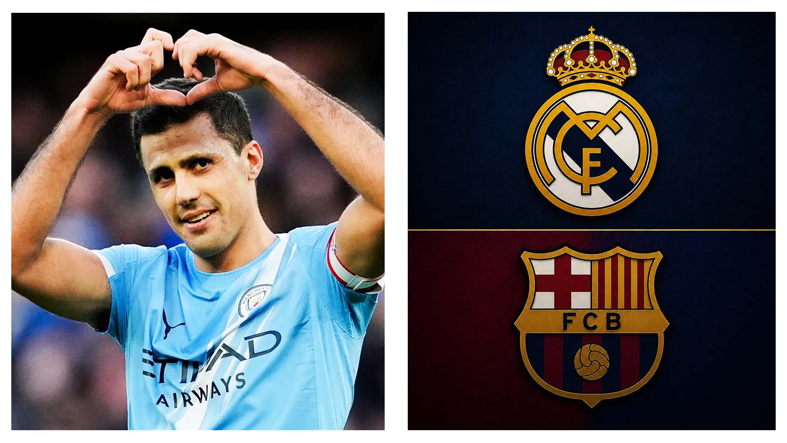 Man City's Rodri and Barcelona, Real Madrid badges